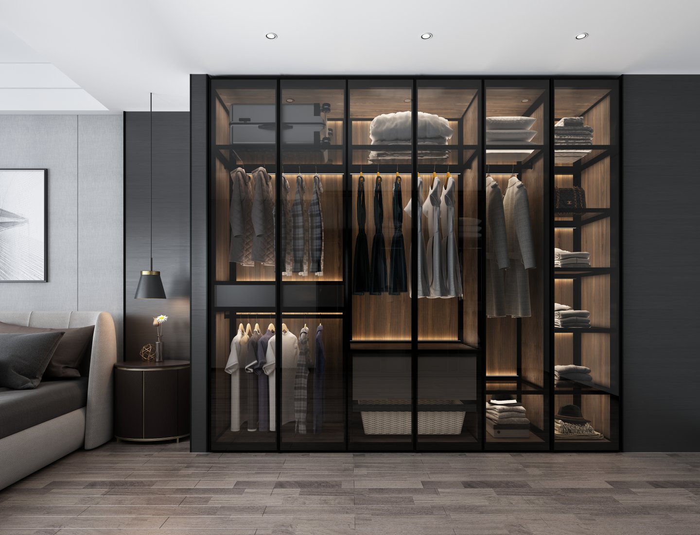 Wardrobe -  Glass door/black glass​+walnut waredrobe